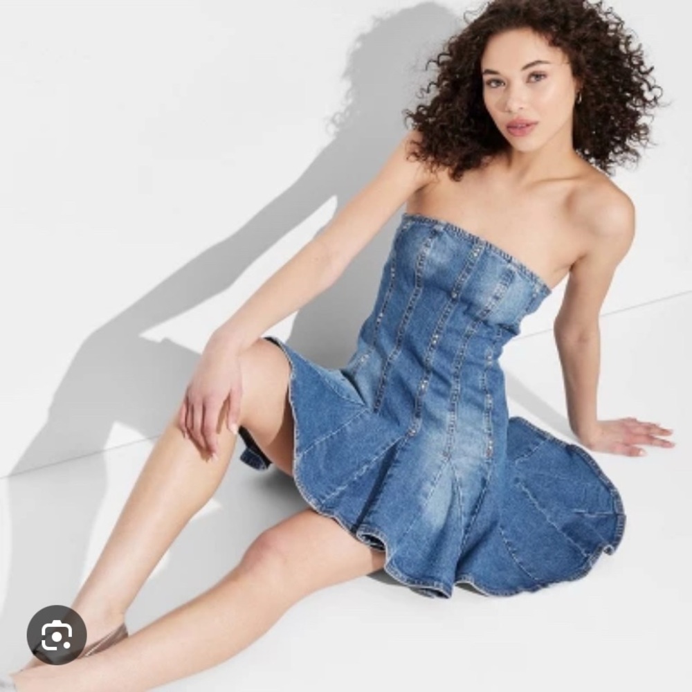 Strapless Pleated Blue Denim Dress